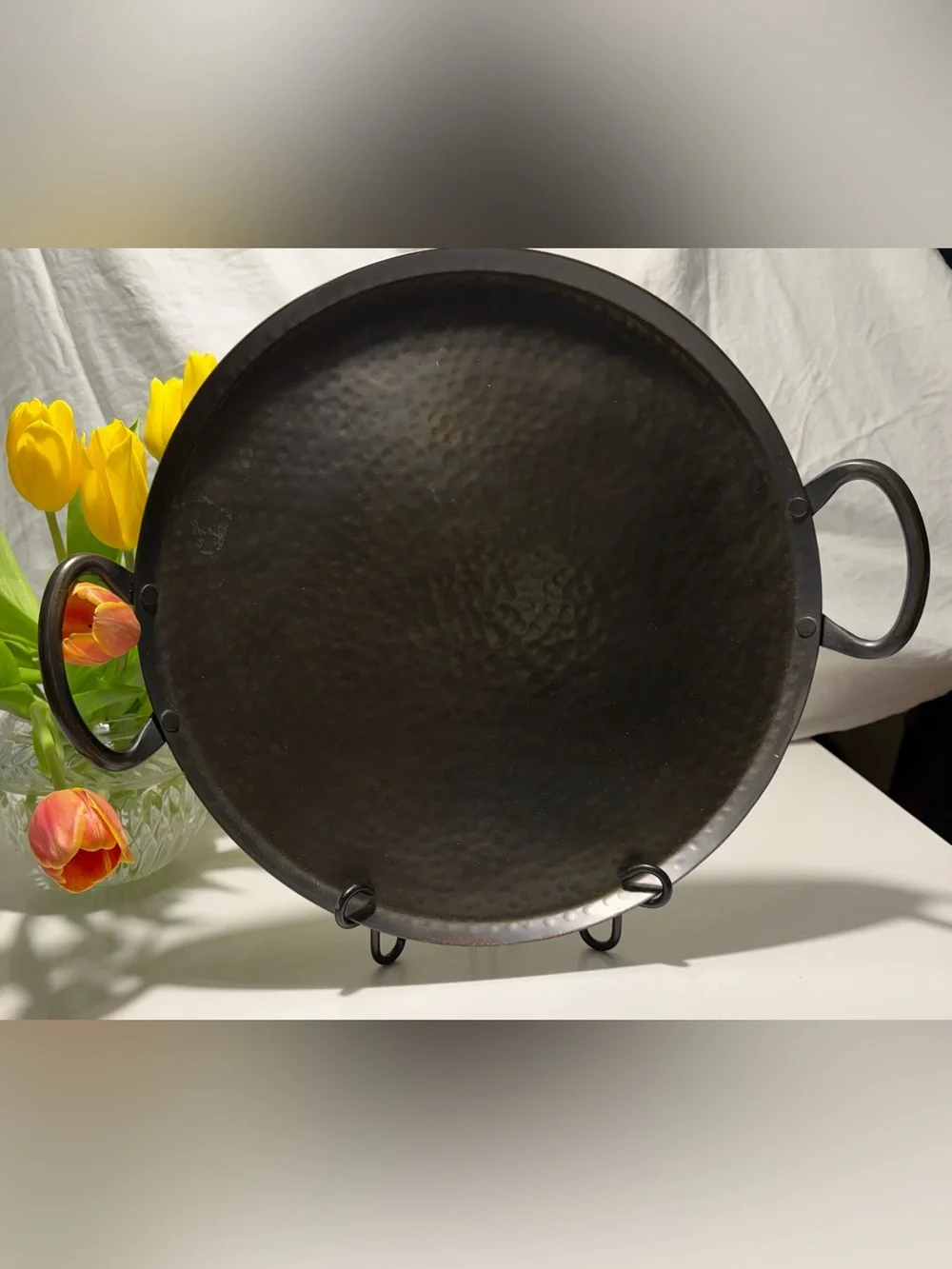 Crate and Barrel Hammered Iron Serving Platter with Handles - 14 in